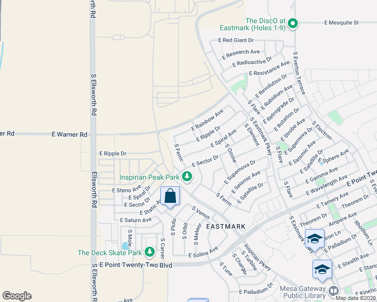 map of restaurants, bars, coffee shops, grocery stores, and more near East Spiral Avenue in Mesa