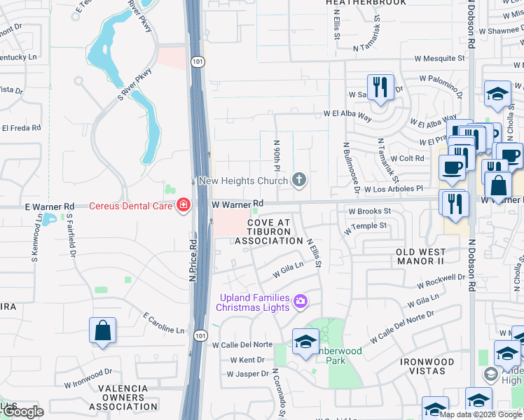 map of restaurants, bars, coffee shops, grocery stores, and more near 2730 West Brooks Street in Chandler