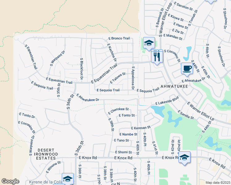 map of restaurants, bars, coffee shops, grocery stores, and more near 3835 East Sequoia Trail in Phoenix
