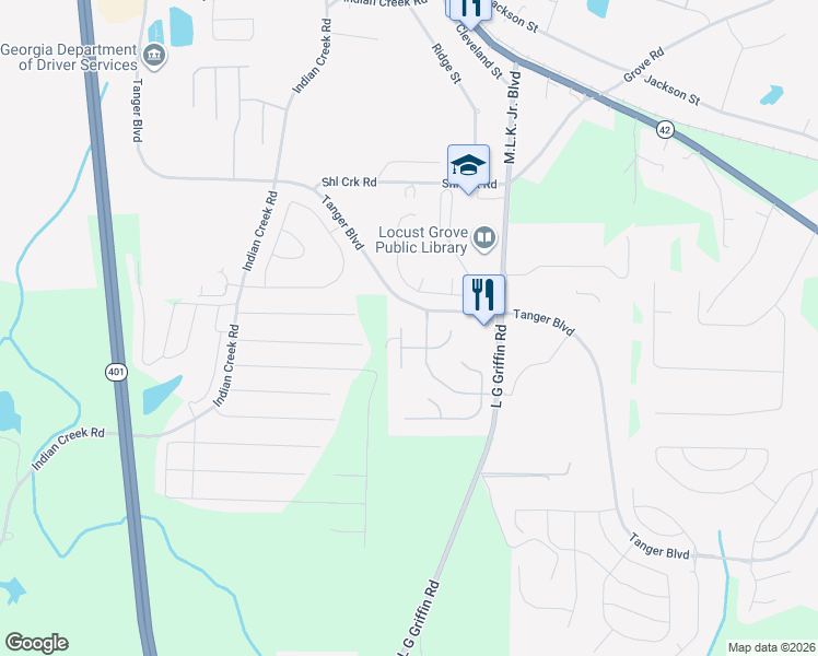 map of restaurants, bars, coffee shops, grocery stores, and more near 1428 Saint Teresa Court in Locust Grove