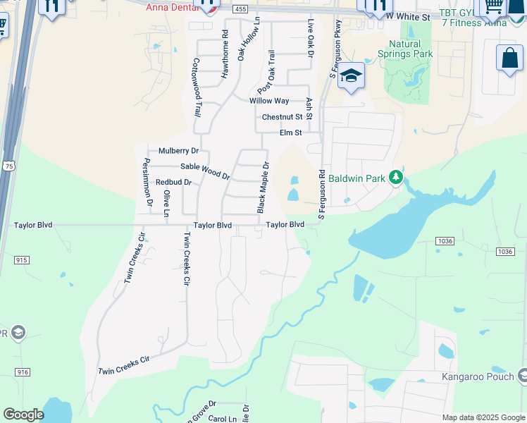 map of restaurants, bars, coffee shops, grocery stores, and more near 1821 Black Maple Drive in Anna
