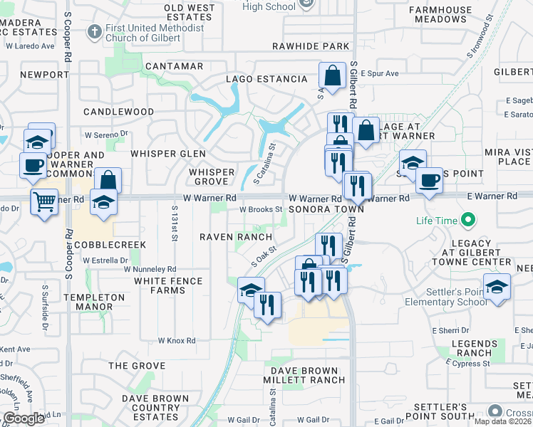 map of restaurants, bars, coffee shops, grocery stores, and more near 231 West Brooks Street in Gilbert