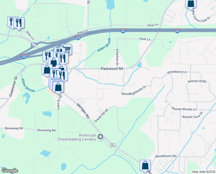 map of restaurants, bars, coffee shops, grocery stores, and more near 2791 Southwood View in Bessemer