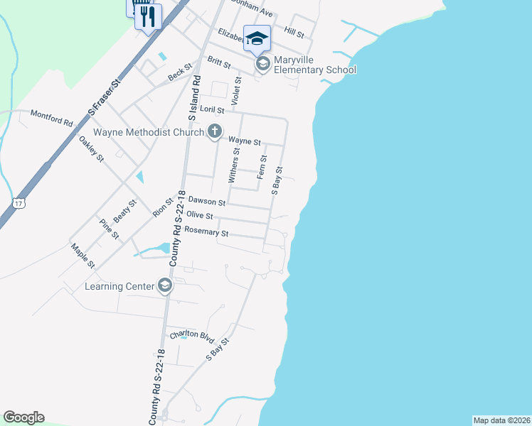 map of restaurants, bars, coffee shops, grocery stores, and more near 2516 South Bay Street in Georgetown