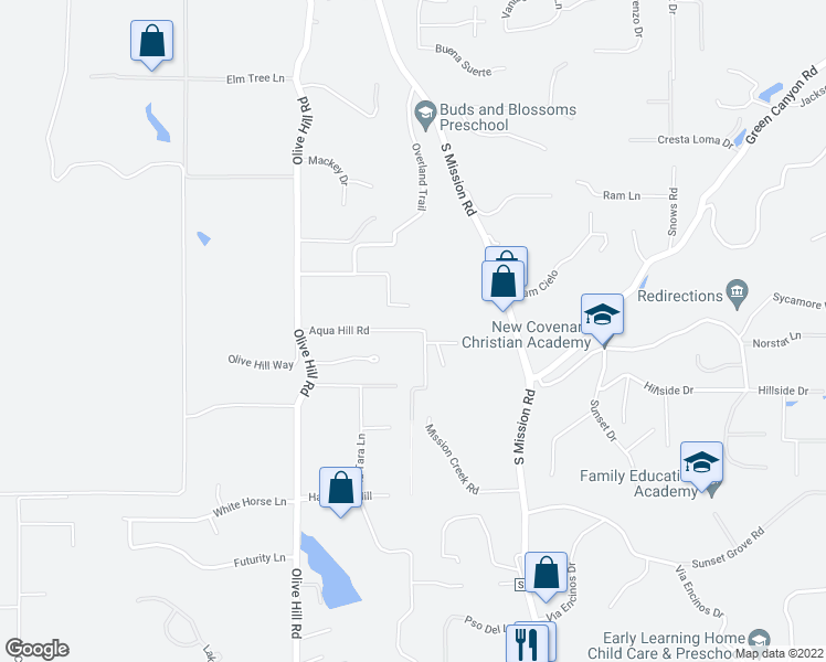 map of restaurants, bars, coffee shops, grocery stores, and more near 2200 Aqua Hill Road in Fallbrook