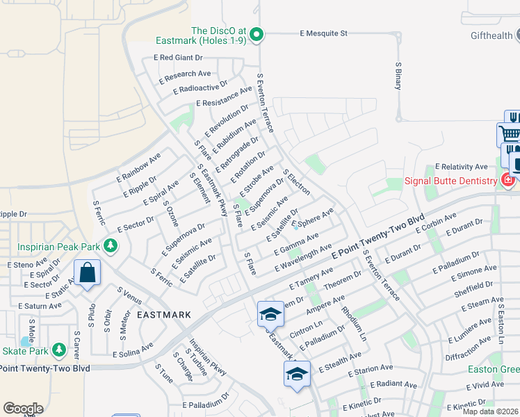 map of restaurants, bars, coffee shops, grocery stores, and more near 10016 East Seismic Avenue in Mesa