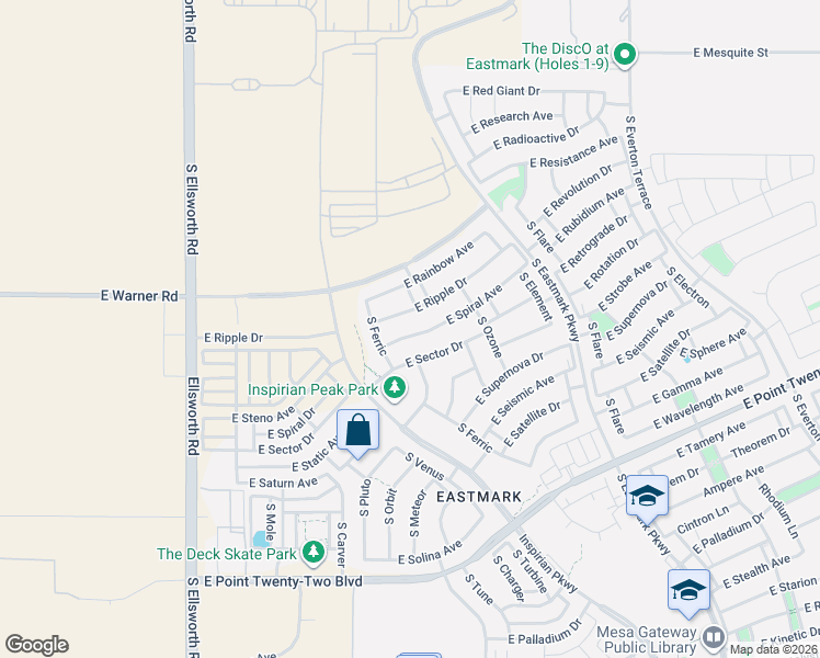 map of restaurants, bars, coffee shops, grocery stores, and more near East Spiral Avenue in Mesa
