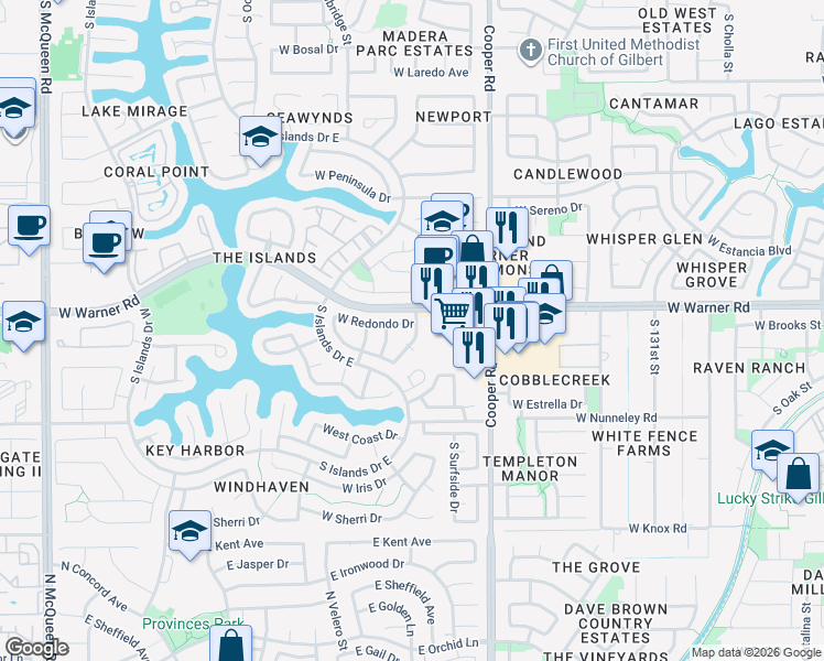 map of restaurants, bars, coffee shops, grocery stores, and more near 909 West Redondo Drive in Gilbert