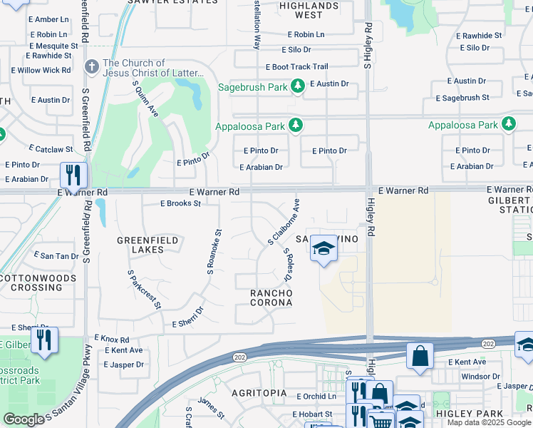 map of restaurants, bars, coffee shops, grocery stores, and more near 2898 East Temple Court in Gilbert