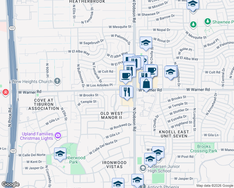 map of restaurants, bars, coffee shops, grocery stores, and more near 55 North Lemon Tree Lane in Chandler