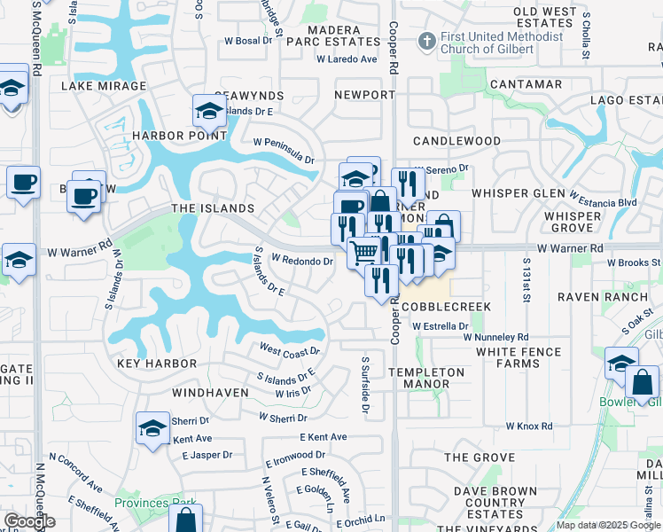 map of restaurants, bars, coffee shops, grocery stores, and more near 909 West Redondo Drive in Gilbert