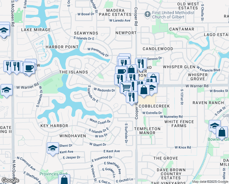 map of restaurants, bars, coffee shops, grocery stores, and more near 909 West Redondo Drive in Gilbert