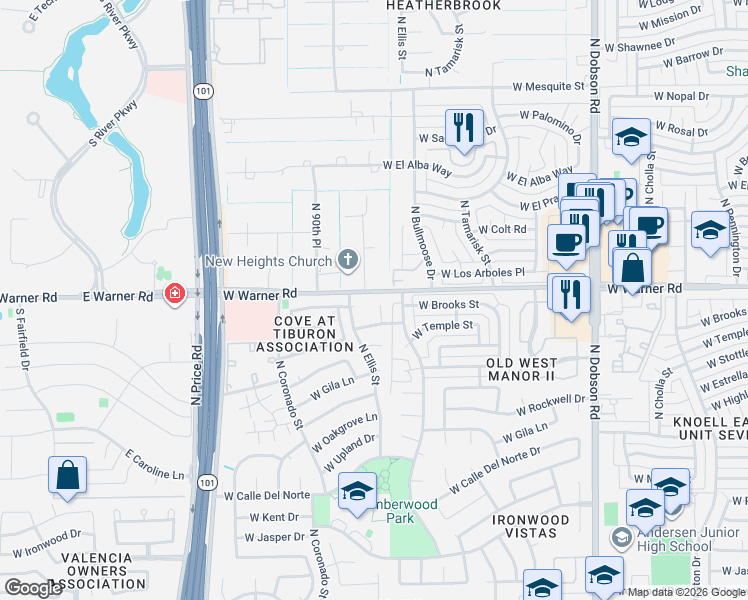 map of restaurants, bars, coffee shops, grocery stores, and more near 1991 North Ellis Street in Chandler