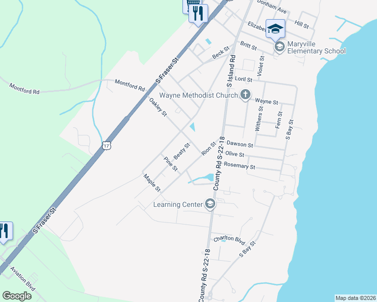 map of restaurants, bars, coffee shops, grocery stores, and more near 2603 Beaty Street in Georgetown