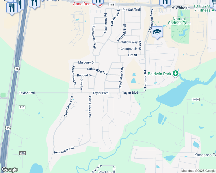 map of restaurants, bars, coffee shops, grocery stores, and more near 1838 Walnut Way in Anna