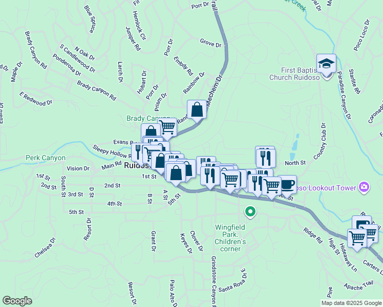 map of restaurants, bars, coffee shops, grocery stores, and more near 112 Lower Terrace Drive in Ruidoso