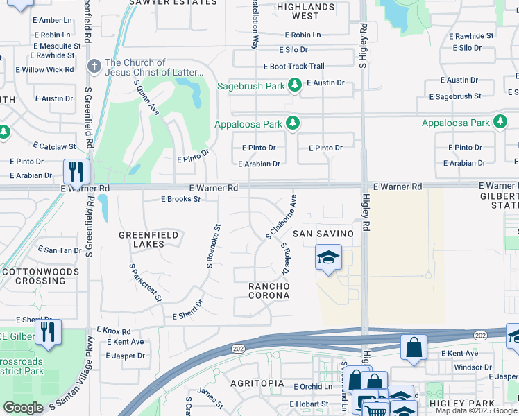 map of restaurants, bars, coffee shops, grocery stores, and more near 2898 East Temple Court in Gilbert