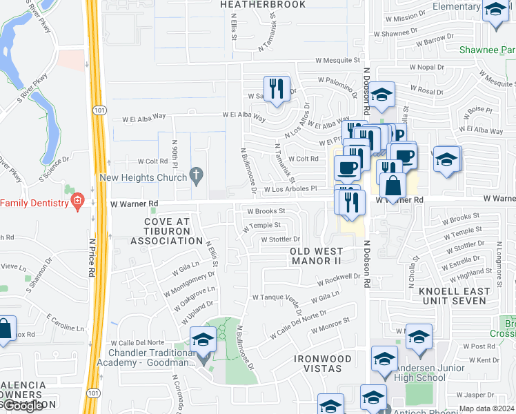 map of restaurants, bars, coffee shops, grocery stores, and more near 2422 West Brooks Street in Chandler