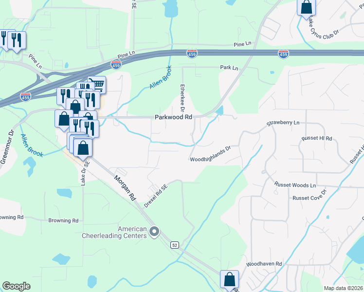 map of restaurants, bars, coffee shops, grocery stores, and more near 2750 Southwood Lane in Bessemer