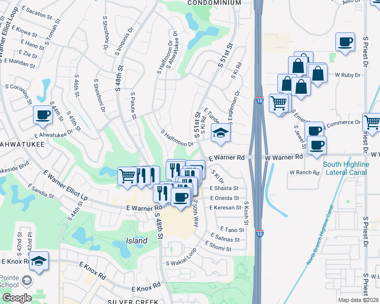 map of restaurants, bars, coffee shops, grocery stores, and more near 12142 South Tomi Drive in Phoenix