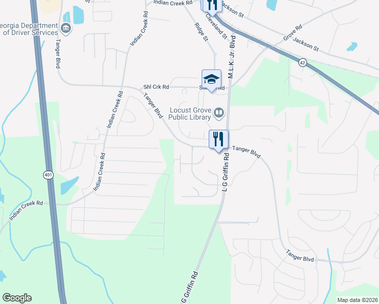 map of restaurants, bars, coffee shops, grocery stores, and more near 1428 Saint Teresa Court in Locust Grove