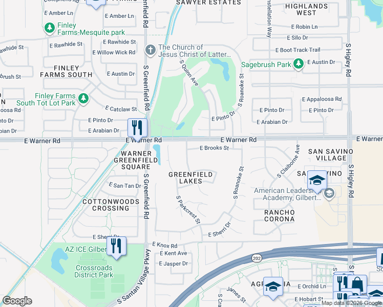 map of restaurants, bars, coffee shops, grocery stores, and more near 2567 East Brooks Street in Gilbert