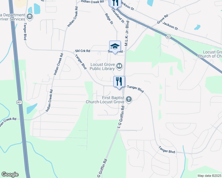 map of restaurants, bars, coffee shops, grocery stores, and more near 1305 Saint Isabella Court in Locust Grove