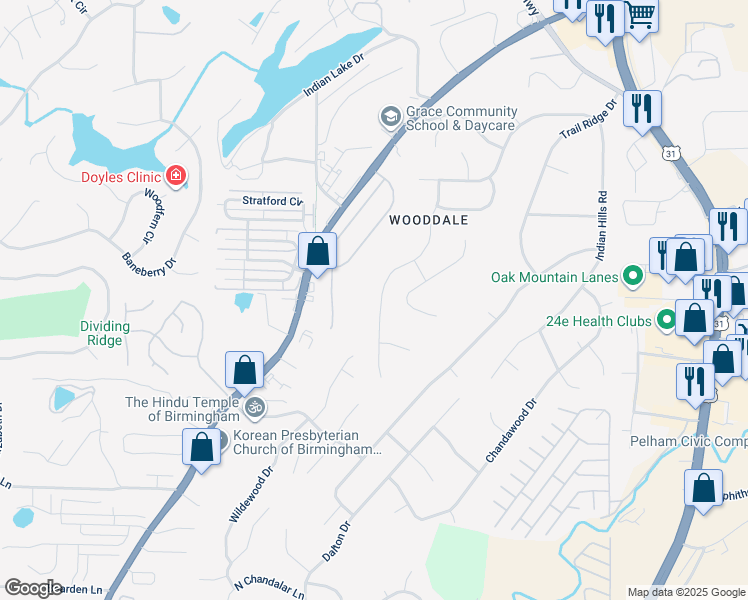 map of restaurants, bars, coffee shops, grocery stores, and more near 4668 Wooddale Lane in Pelham