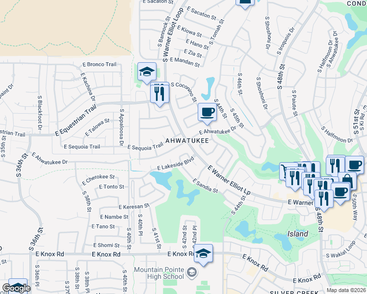 map of restaurants, bars, coffee shops, grocery stores, and more near 4235 East Ahwatukee Drive in Phoenix