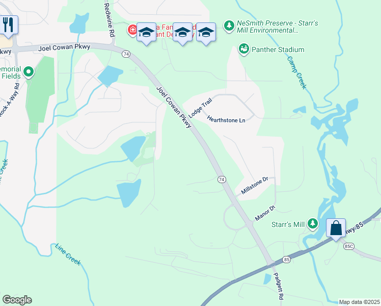 map of restaurants, bars, coffee shops, grocery stores, and more near 1477 Georgia 74 in Senoia