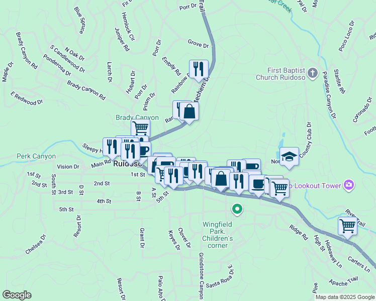 map of restaurants, bars, coffee shops, grocery stores, and more near 112 Lower Terrace Drive in Ruidoso