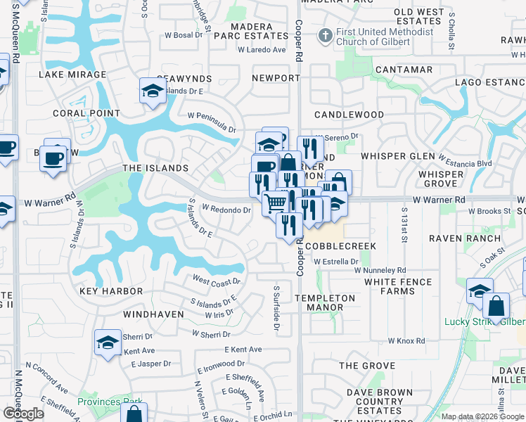 map of restaurants, bars, coffee shops, grocery stores, and more near 855 West Warner Road in Gilbert