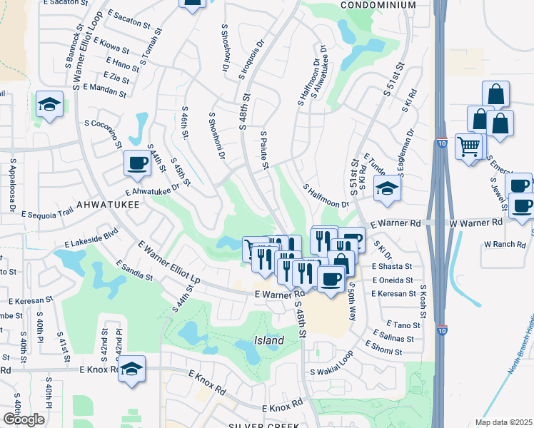 map of restaurants, bars, coffee shops, grocery stores, and more near 12370 South Shoshoni Drive in Phoenix