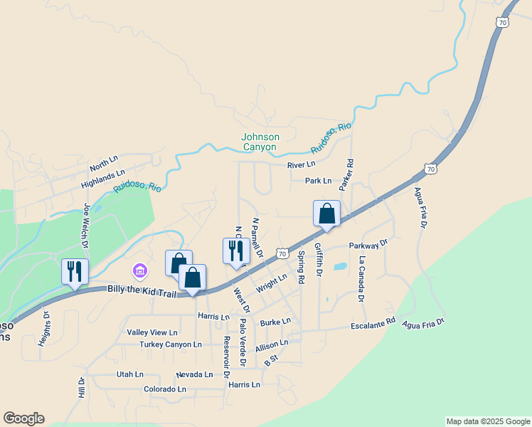 map of restaurants, bars, coffee shops, grocery stores, and more near 105 Hilltop Lane in Ruidoso Downs