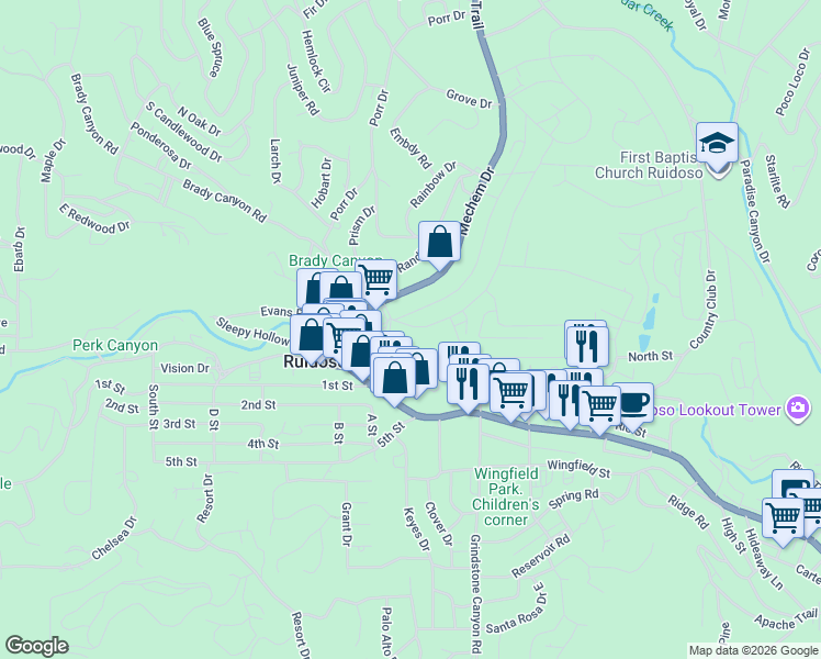 map of restaurants, bars, coffee shops, grocery stores, and more near 101-105 Terrace Dr in Ruidoso