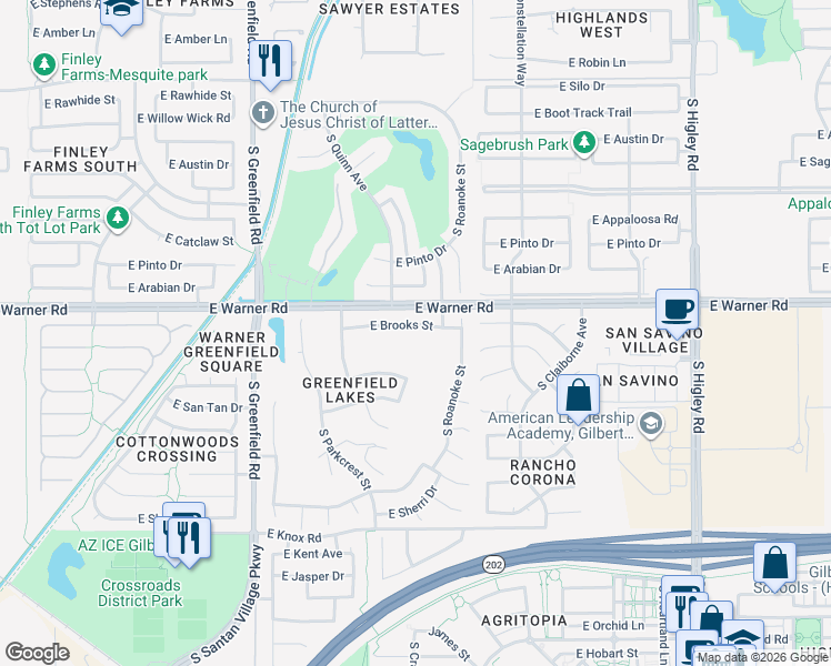 map of restaurants, bars, coffee shops, grocery stores, and more near 2697 East Brooks Street in Gilbert