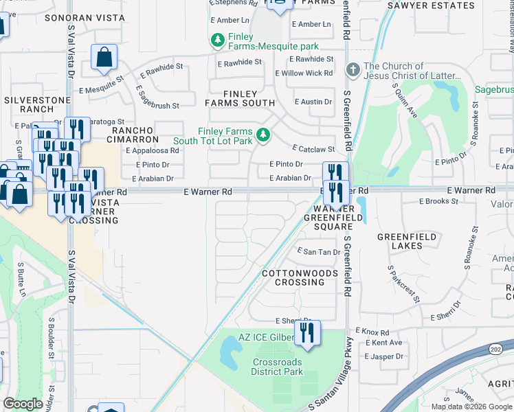 map of restaurants, bars, coffee shops, grocery stores, and more near 2142 East Temple Court in Gilbert