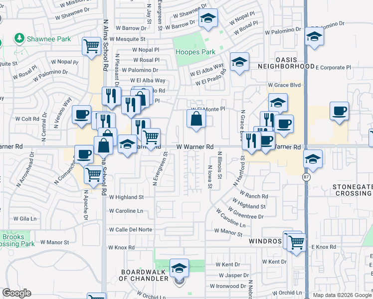 map of restaurants, bars, coffee shops, grocery stores, and more near 555 West Warner Road in Chandler