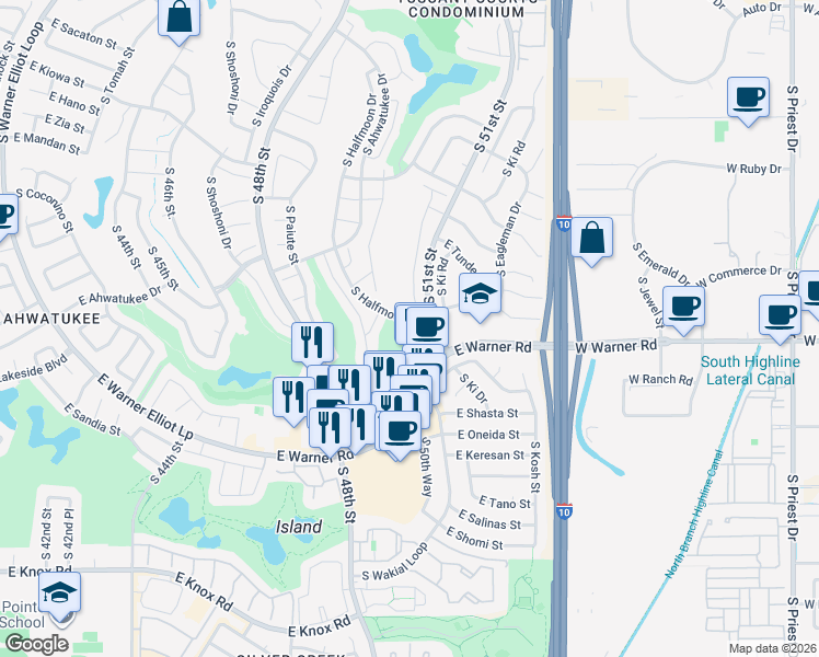 map of restaurants, bars, coffee shops, grocery stores, and more near 12142 South Tomi Drive in Phoenix