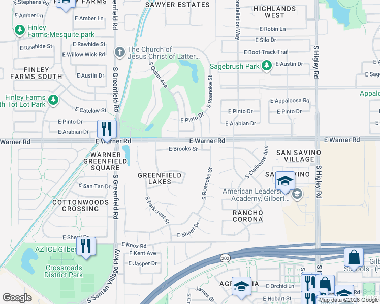 map of restaurants, bars, coffee shops, grocery stores, and more near 2697 E Brooks St in Gilbert