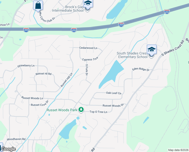 map of restaurants, bars, coffee shops, grocery stores, and more near 3678 Guyton Road in Hoover