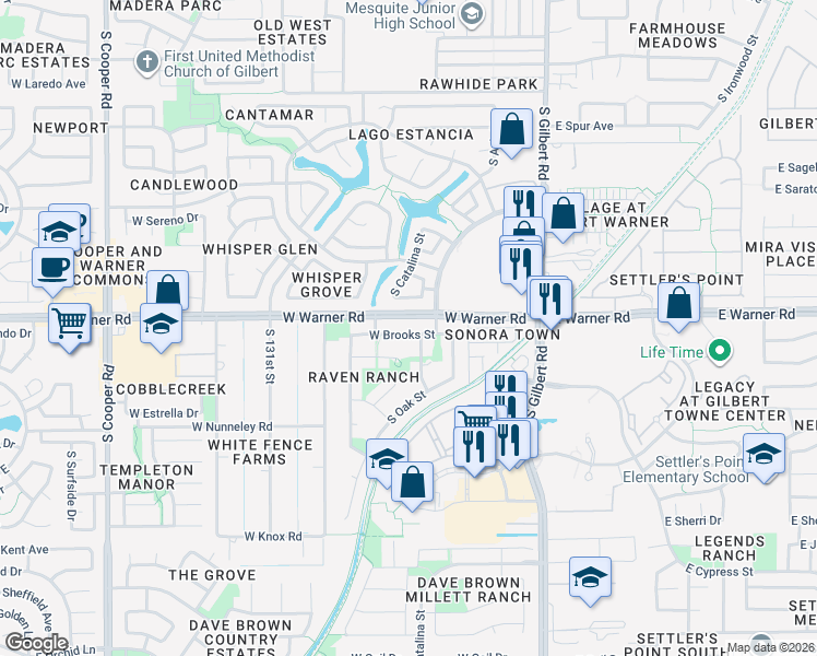map of restaurants, bars, coffee shops, grocery stores, and more near 231 West Brooks Street in Gilbert