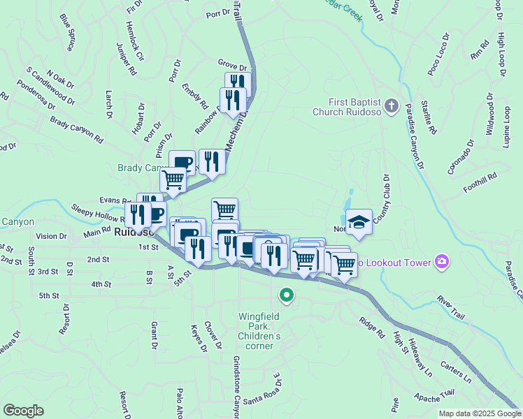 map of restaurants, bars, coffee shops, grocery stores, and more near 135 Rowan Road in Ruidoso