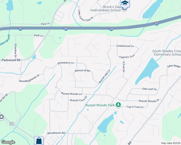 map of restaurants, bars, coffee shops, grocery stores, and more near 467 Russet Hill Road in Hoover