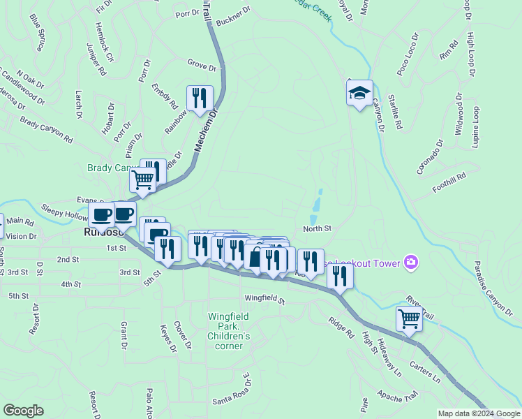 map of restaurants, bars, coffee shops, grocery stores, and more near 107 Rowan Road in Ruidoso