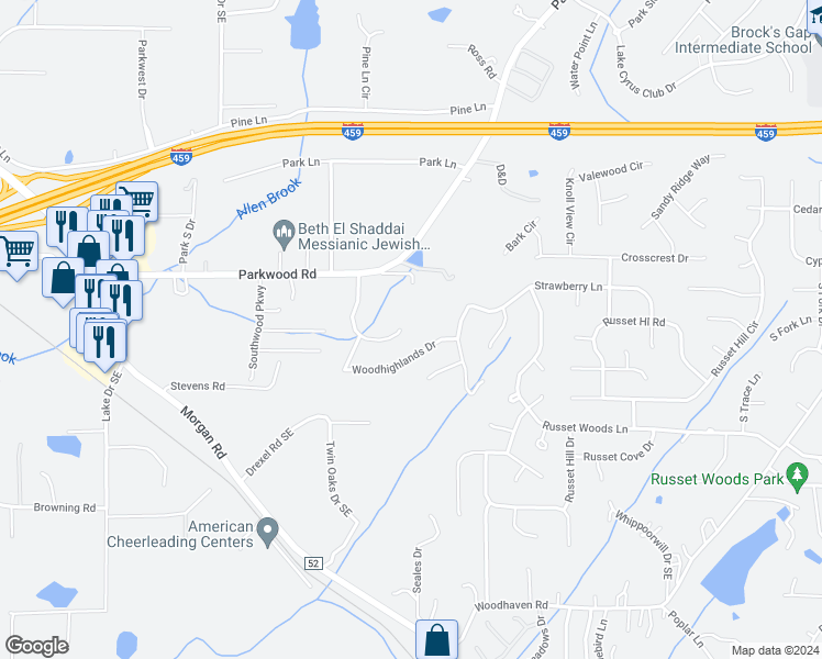 map of restaurants, bars, coffee shops, grocery stores, and more near 2400 Southwood Trce in Hoover