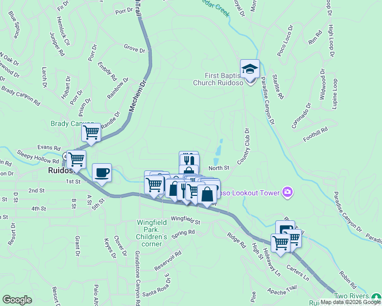 map of restaurants, bars, coffee shops, grocery stores, and more near 107 Rowan Road in Ruidoso