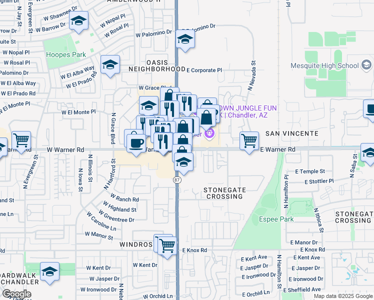 map of restaurants, bars, coffee shops, grocery stores, and more near 101 East Warner Road in Chandler