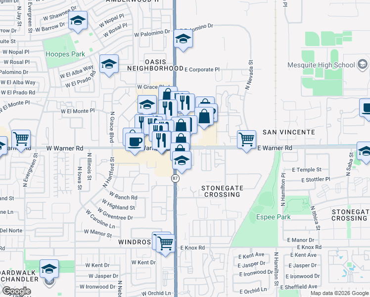 map of restaurants, bars, coffee shops, grocery stores, and more near 101 East Warner Road in Chandler