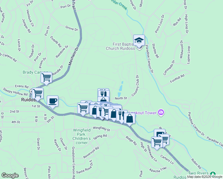 map of restaurants, bars, coffee shops, grocery stores, and more near 101-299 North St in Ruidoso